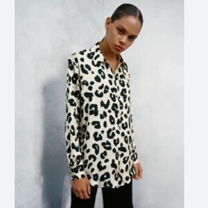 Zara Black White Leopard Animal Print Satin Effect Button-Down Blouse XS NWT